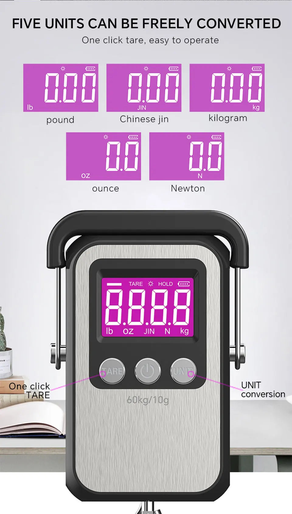 60kg 10g Portable Digital Weight Scale Electronic Luggage Scale Battery/USB Charging LCD Hanging Hook Scale Weighing Balance