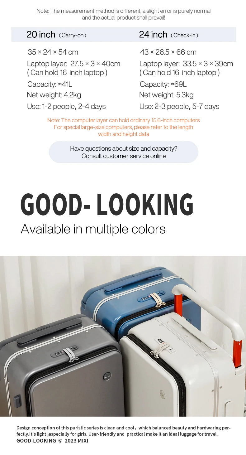 Mixi New Design Wide Handle Suitcase UniSex Carry-On Luggage