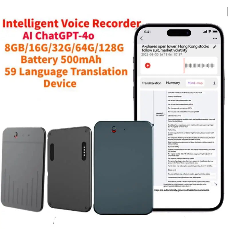 AI ChatGPT-4 Intelligent Voice Recorder Noise Reduction 8-128GB 59 Languages Translation Summarize Device Audio Dictaphone