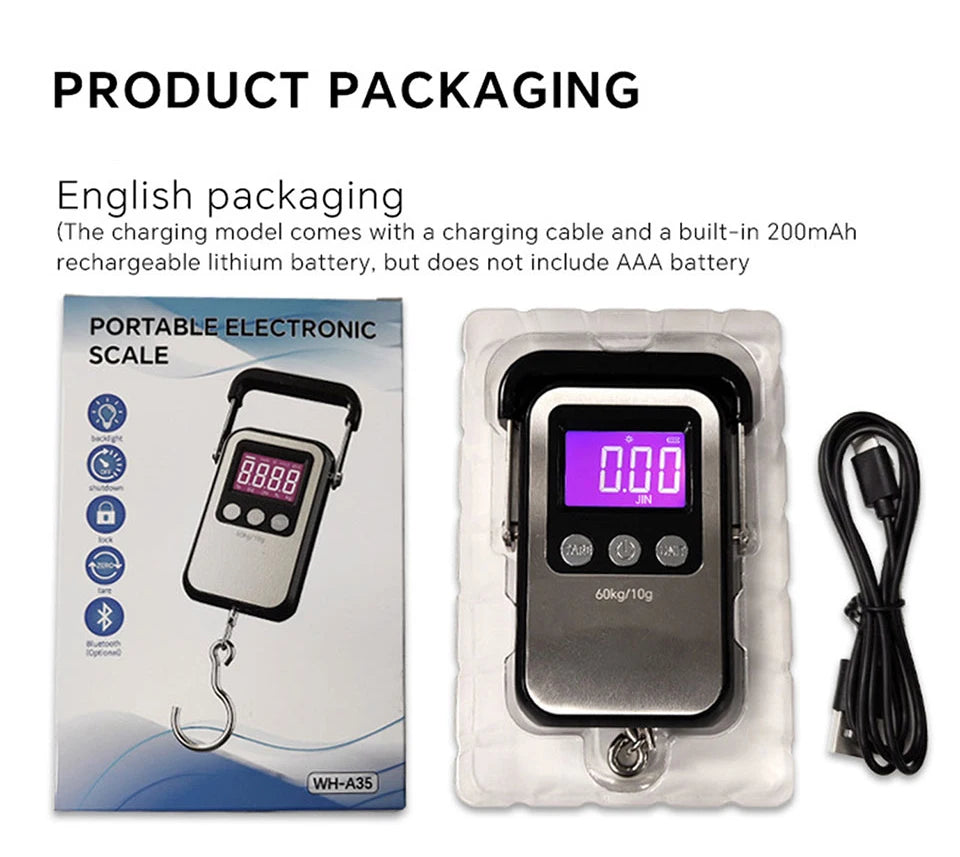 60kg 10g Portable Digital Weight Scale Electronic Luggage Scale Battery/USB Charging LCD Hanging Hook Scale Weighing Balance