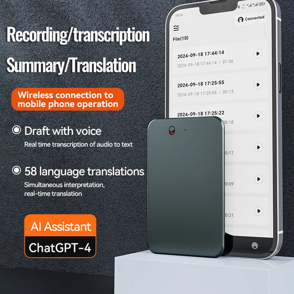 AI ChatGPT-4 Intelligent Voice Recorder Noise Reduction 8-128GB 59 Languages Translation Summarize Device Audio Dictaphone