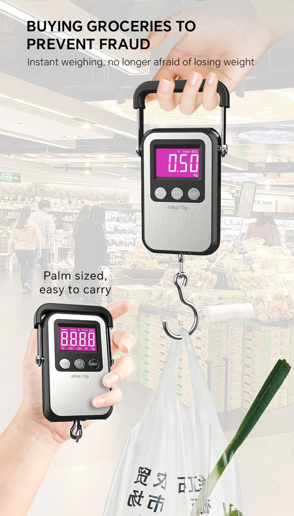 60kg 10g Portable Digital Weight Scale Electronic Luggage Scale Battery/USB Charging LCD Hanging Hook Scale Weighing Balance