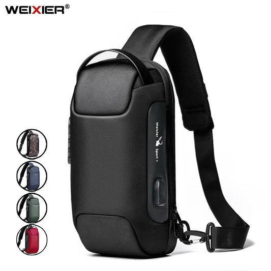 Bolso de hombro WEIXIER unisex, impermeable, con puerto USB, bandolera antirrobo, bandolera de viaje corta, bolso de pecho de diseño moderno.