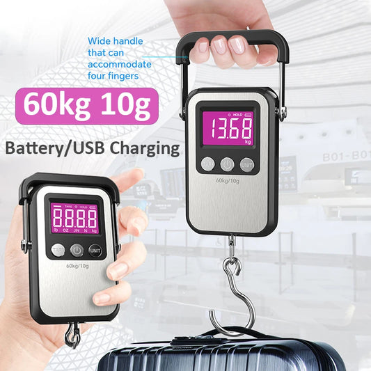 60kg 10g Portable Digital Weight Scale Electronic Luggage Scale Battery/USB Charging LCD Hanging Hook Scale Weighing Balance