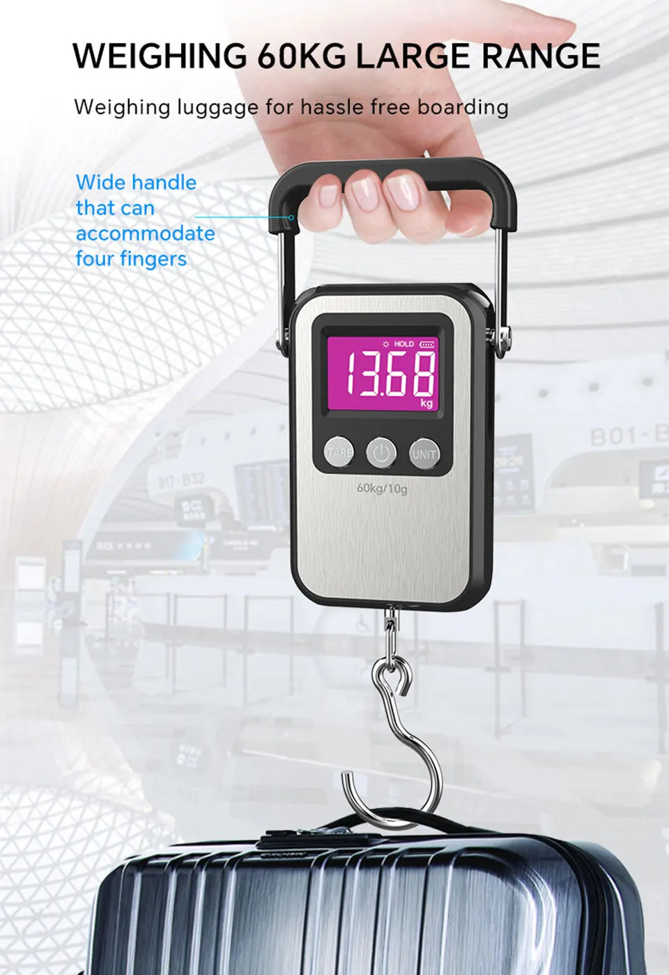 60kg 10g Portable Digital Weight Scale Electronic Luggage Scale Battery/USB Charging LCD Hanging Hook Scale Weighing Balance