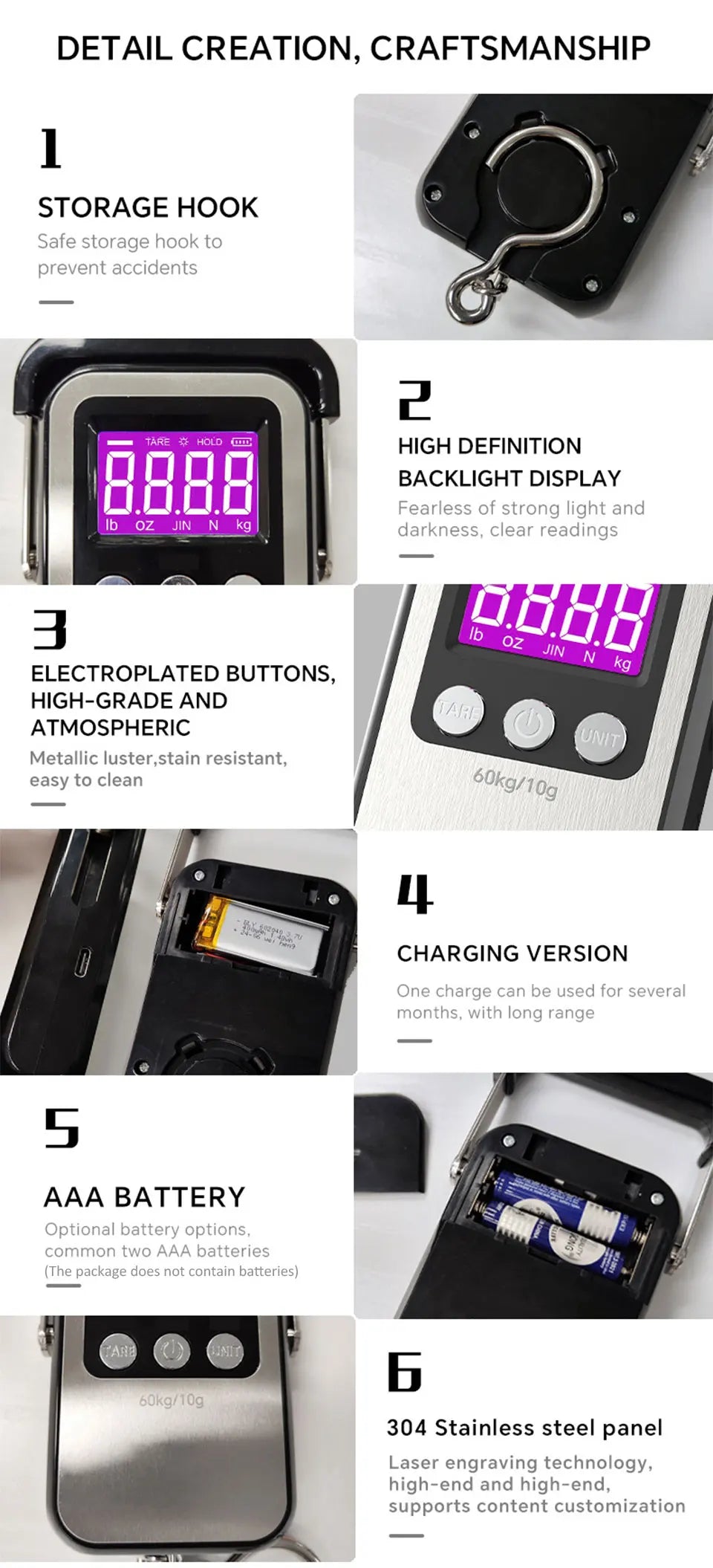 60kg 10g Portable Digital Weight Scale Electronic Luggage Scale Battery/USB Charging LCD Hanging Hook Scale Weighing Balance